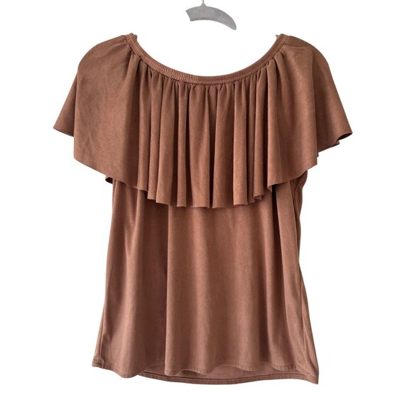 Chicos Brown Faux Suede Off-The-Shoulder Ruffled Blouse - Picture 1 of 11